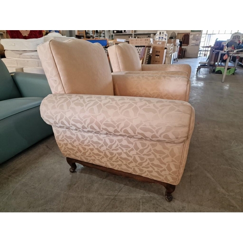 702 - Pair of Vintage Cream Pattern Fabric Armchairs with Scroll Arms, Cabriole Legs and Studded Backing, ... 