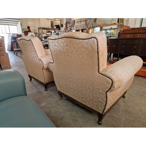 702 - Pair of Vintage Cream Pattern Fabric Armchairs with Scroll Arms, Cabriole Legs and Studded Backing, ... 