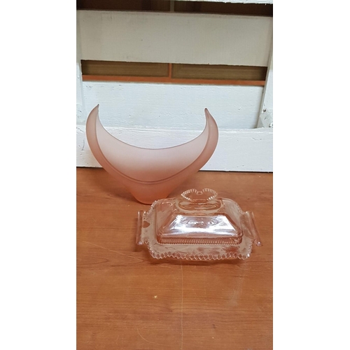 703 - Vintage Art Deco Pink Glass Cheese / Butter Dish with Cover, (Approx. 19 x 14 x 11cm), Together with... 