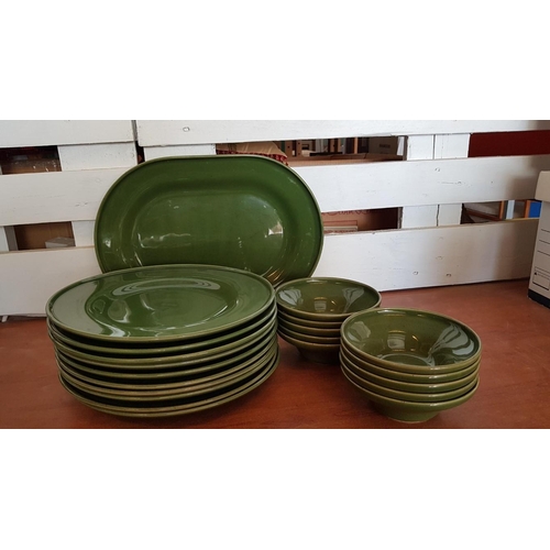 709 - Collection of IKEA Green Glazed Tableware; 10 x Dinner Plates, 10 x Small Bowls and Large Oval Servi... 