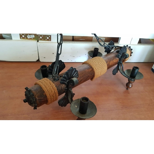 713 - Rustic / Country Style Chandelier; Wood, Iron and Rope with 4 x Lamps, (Approx. L: 65cm)