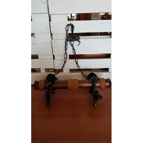 713 - Rustic / Country Style Chandelier; Wood, Iron and Rope with 4 x Lamps, (Approx. L: 65cm)