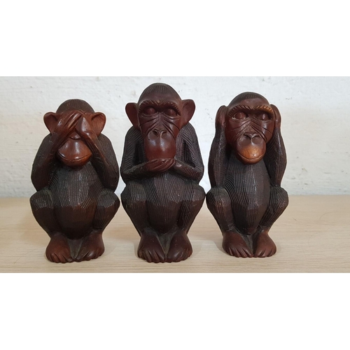 143 - Hand Carved Wooden Sculpture of the Three Wise Monkeys; Hear No Evil, See No Evil, Speak No Evil, (A... 