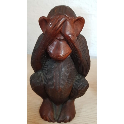 143 - Hand Carved Wooden Sculpture of the Three Wise Monkeys; Hear No Evil, See No Evil, Speak No Evil, (A... 