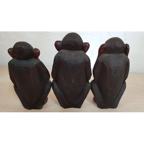 143 - Hand Carved Wooden Sculpture of the Three Wise Monkeys; Hear No Evil, See No Evil, Speak No Evil, (A... 