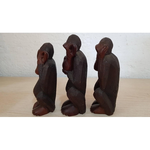 143 - Hand Carved Wooden Sculpture of the Three Wise Monkeys; Hear No Evil, See No Evil, Speak No Evil, (A... 