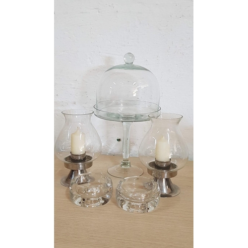 198 - Glass Home Decoration; Cake Cloche Stand (H: 35cm, Ø: 20cm), Pair of Vintage Style Candle Holders (H... 