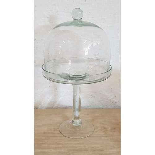 198 - Glass Home Decoration; Cake Cloche Stand (H: 35cm, Ø: 20cm), Pair of Vintage Style Candle Holders (H... 