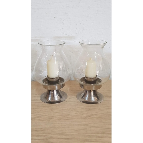 198 - Glass Home Decoration; Cake Cloche Stand (H: 35cm, Ø: 20cm), Pair of Vintage Style Candle Holders (H... 