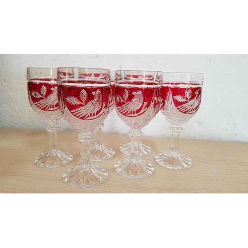 238 - Set of 6 x 'Amaris' Etched Crystal Ruby Red 'Bird' Wine / Water Goblets, (6)