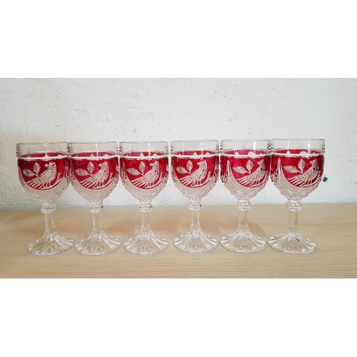 238 - Set of 6 x 'Amaris' Etched Crystal Ruby Red 'Bird' Wine / Water Goblets, (6)