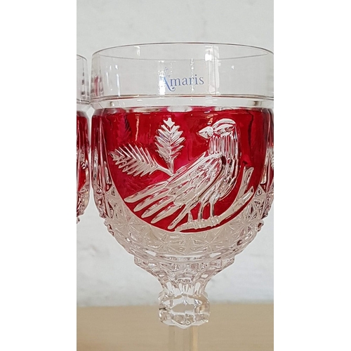 238 - Set of 6 x 'Amaris' Etched Crystal Ruby Red 'Bird' Wine / Water Goblets, (6)