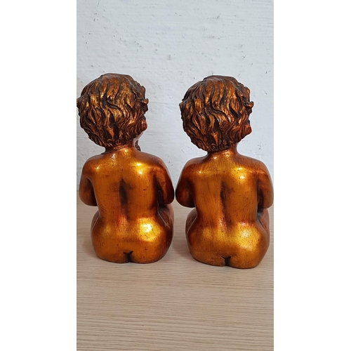 249 - 2 x Sweet Putti Figurines, Gold Tone Little Boys Holding Birds, (Approx. H: 20cm each), Repair noted... 