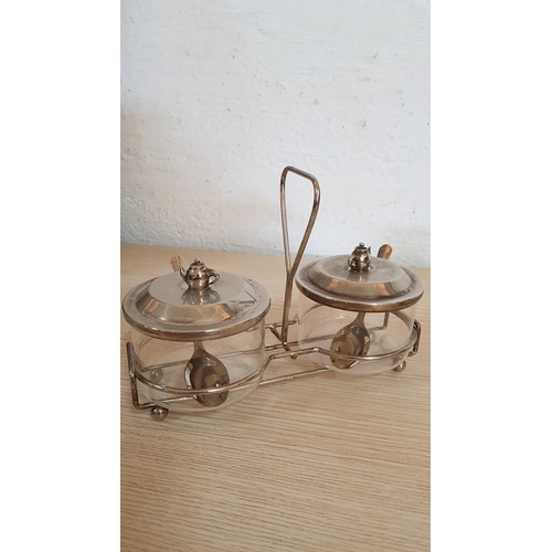 250 - Vintage Style White Metal & Glass Condiment Set and Cream Jug, (2)