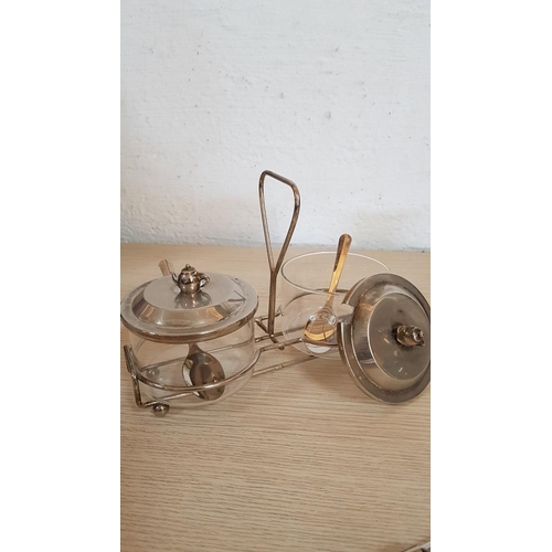 250 - Vintage Style White Metal & Glass Condiment Set and Cream Jug, (2)