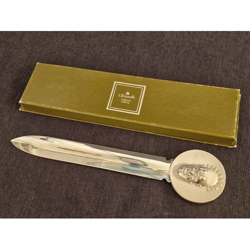 67 - Christofle Silver Plated Letter Opener with Mask of Benin Handle, in Original Box, Made in France