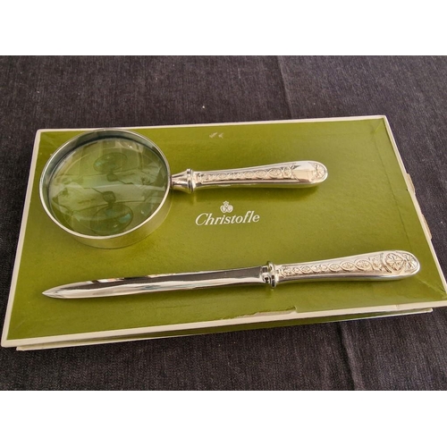 70 - Christofle 'Villeroy' Pattern Silver Plated Magnifying Glass and Letter Opener Set, in Original Box,... 