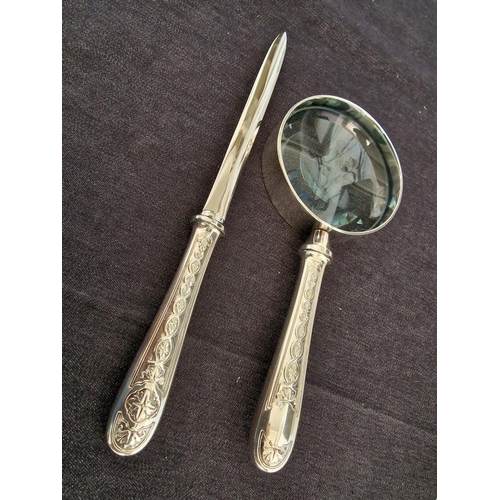 70 - Christofle 'Villeroy' Pattern Silver Plated Magnifying Glass and Letter Opener Set, in Original Box,... 