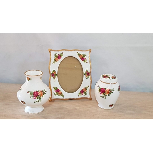 3A - Royal Albert 'Old Country Roses' Porcelain Vase (11.5cm), Urn with Lid (11cm) and Photo Frame (14 x ... 