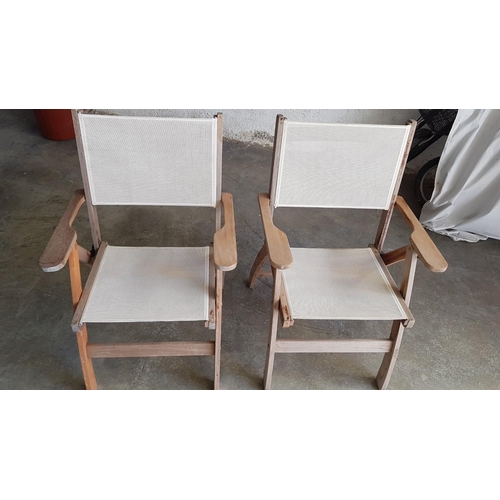 4A - Pair of Solid Wood Folding Garden Arm Chairs with Beige Canvas Seats & Backrests, (2)