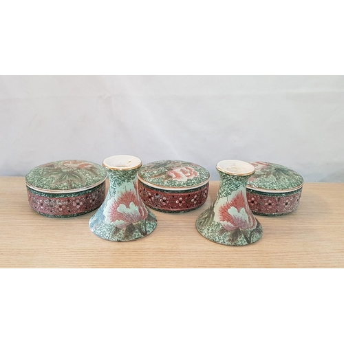 562 - Pair of Ceramic Candle Holders (H: 10cm) and 3 x Matching Large Lidded Trinket Boxes, (Ø: 11.5cm), (... 