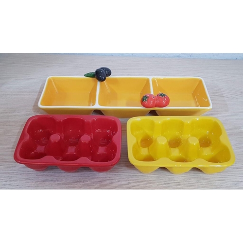 581 - Yellow Ceramic 3-Section Snack Dish and 2 x Ceramic Egg Holders, Red & Yellow, (3)