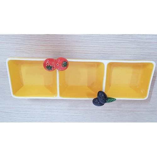 581 - Yellow Ceramic 3-Section Snack Dish and 2 x Ceramic Egg Holders, Red & Yellow, (3)