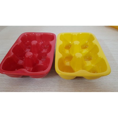 581 - Yellow Ceramic 3-Section Snack Dish and 2 x Ceramic Egg Holders, Red & Yellow, (3)