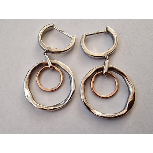 167 - Pair of Clogau Ripples Double Drop Hoop Earrings, Sterling Silver (.925) with 9ct Welsh Gold and 3 x... 