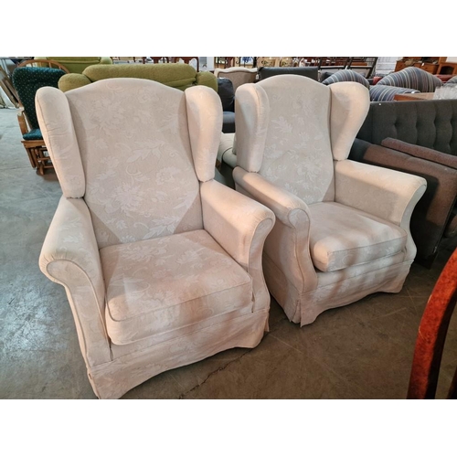 208 - Pair of Cream Fabric Wing Back Armchairs with Floral Pattern, (2)