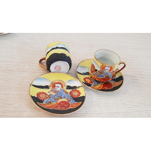 16 - Satsuma ‘Immortals’ hand painted Geisha egg shell Japanese porcelain – 5 cups & saucers (10 pcs)