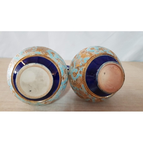 19 - Pair Royal Doulton cobalt blue ewers with tapestry design in gold and pale blue – 24cm high