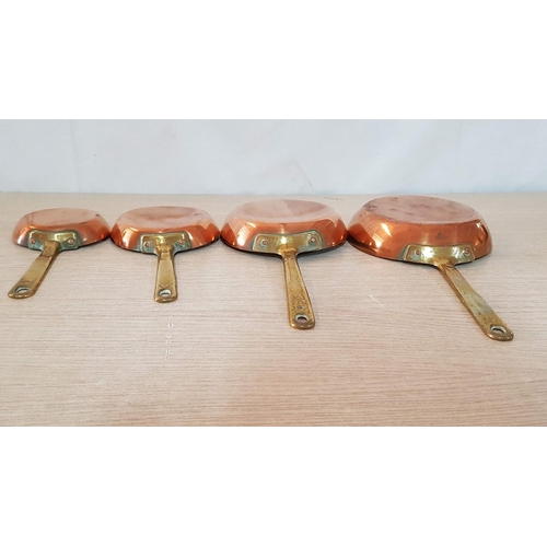 38 - Set 4 graduated copper & brass frying pans – 29cm x 14 down to 19.5cm x 9