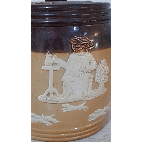 43 - Royal Doulton salt glazed tobacco jar with classic rustic scenes – post 1930. – 12cm x 10