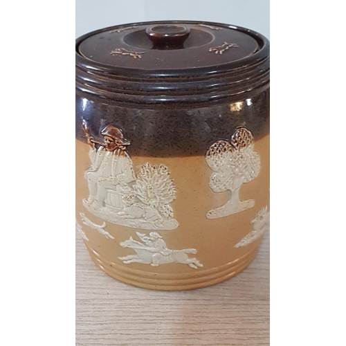 43 - Royal Doulton salt glazed tobacco jar with classic rustic scenes – post 1930. – 12cm x 10