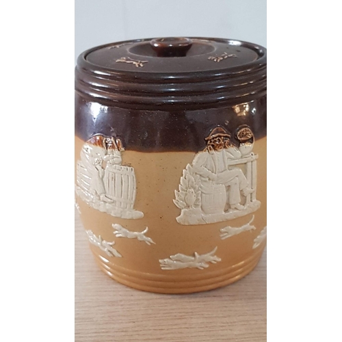 43 - Royal Doulton salt glazed tobacco jar with classic rustic scenes – post 1930. – 12cm x 10