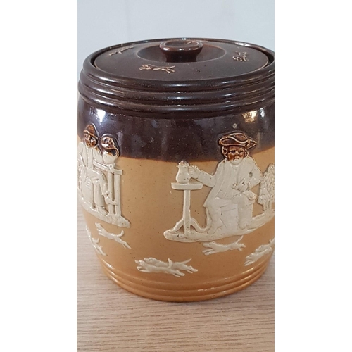 43 - Royal Doulton salt glazed tobacco jar with classic rustic scenes – post 1930. – 12cm x 10