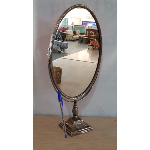 81 - English Art Nouveau oval silver coloured ladies dressing mirror in ornate frame and stand - 42cm x 2... 