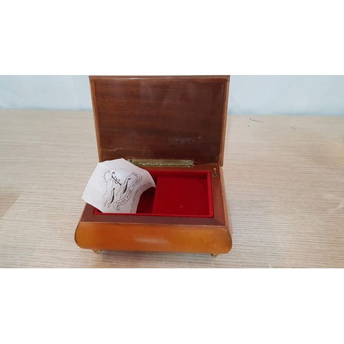 83 - 3 decorative trinket boxes and wooden musical box. Mirrored box – 16cm x 7 x 8. Pink flowered – 11cm... 