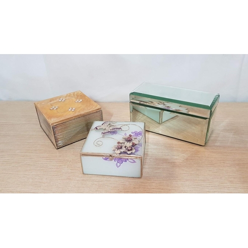 83 - 3 decorative trinket boxes and wooden musical box. Mirrored box – 16cm x 7 x 8. Pink flowered – 11cm... 