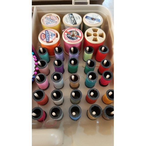 85 - 2 haberdashery storage boxes with multiple contents, threads, needles, pins, etc.- each - 23cm x 26 ... 