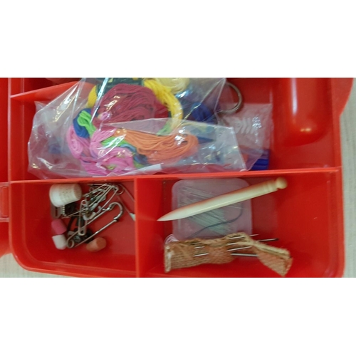 85 - 2 haberdashery storage boxes with multiple contents, threads, needles, pins, etc.- each - 23cm x 26 ... 