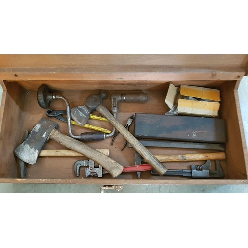 93 - Wooden tool box with tools including, hammers, brace and bit, log splitter, whetstone, pliers, hatch... 