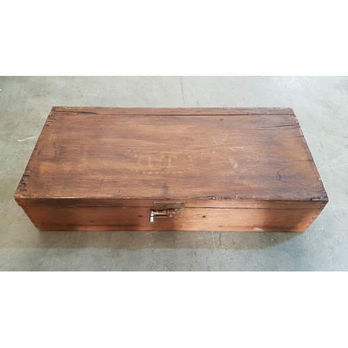 93 - Wooden tool box with tools including, hammers, brace and bit, log splitter, whetstone, pliers, hatch... 