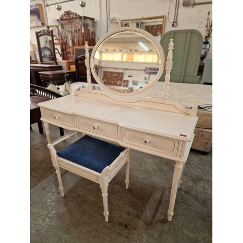 215 - French Country Style, Vintage White Finish Dressing Table with 3-Drawers, Swing Mirror on Turned Sup... 