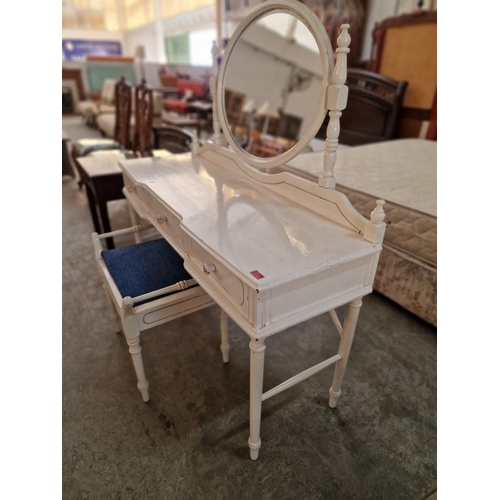 215 - French Country Style, Vintage White Finish Dressing Table with 3-Drawers, Swing Mirror on Turned Sup... 