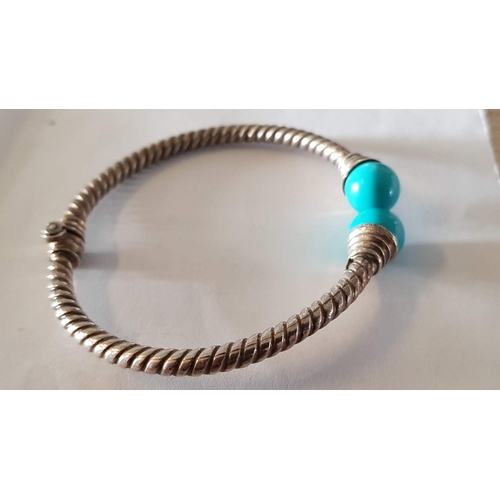 109 - Silver & Turquoise Ball Accent Hinged Bracelet, (Approx. Ø: 6.5cm, 12g)