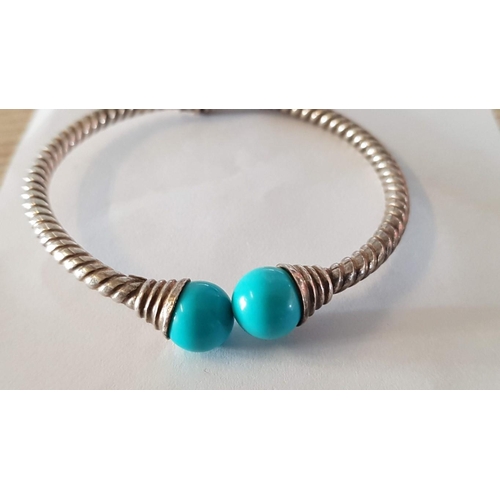 109 - Silver & Turquoise Ball Accent Hinged Bracelet, (Approx. Ø: 6.5cm, 12g)