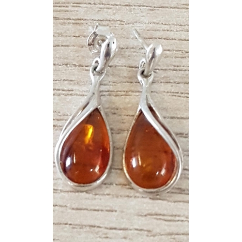 438 - 2 x Pairs of Silver Dangle Earrings, One with Amber and One Decorated with Chain, (2)