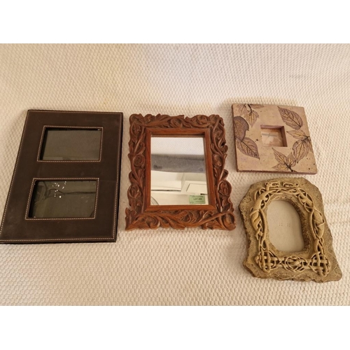 684 - Wall Mirror with Carved Wood Frame, (Approx. 25 x 30cm), Together with Leather Photo Frame and 2 x S... 